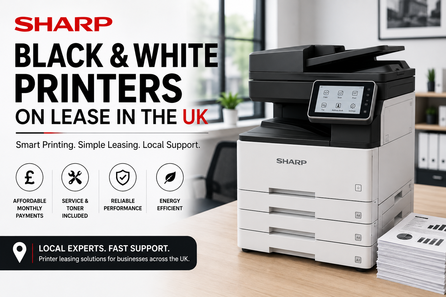 sharp black and white printers on lease uk for business
